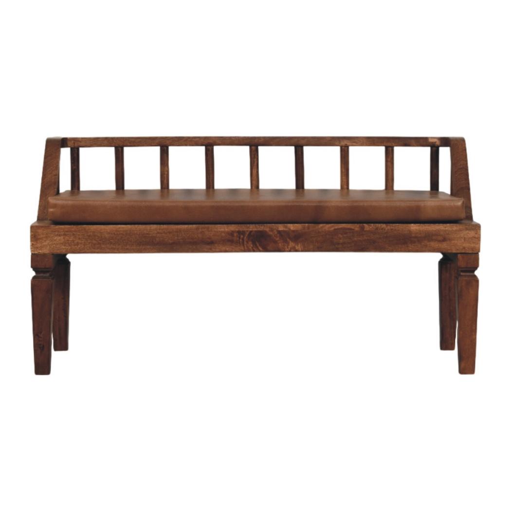 Bordeaux Leather Bench | Solid Mango Wood | Brown Leather Upholstery | Padded Hallway Seat