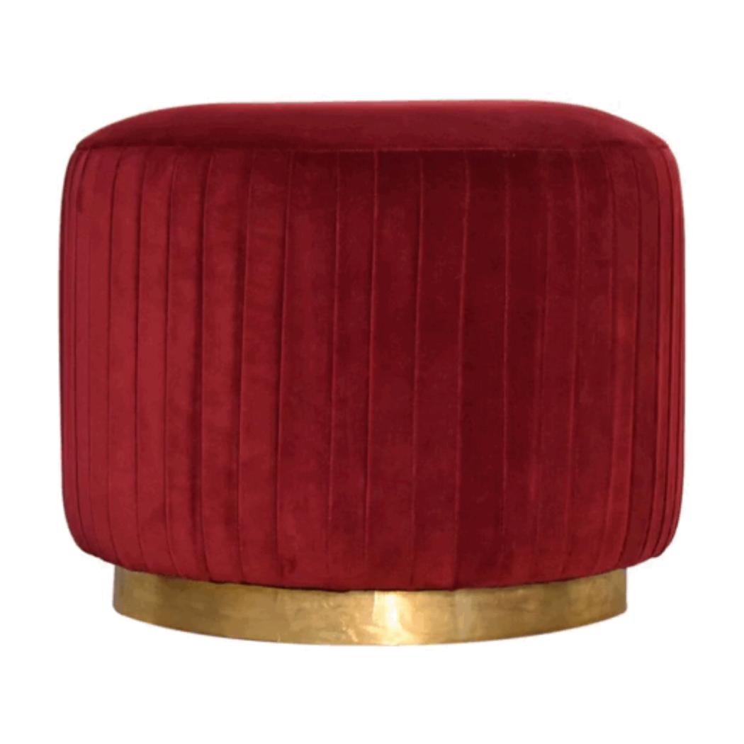 Bordeaux Pleated Velvet Footstool | Wine Red Cotton Velvet | Gold Brass Base