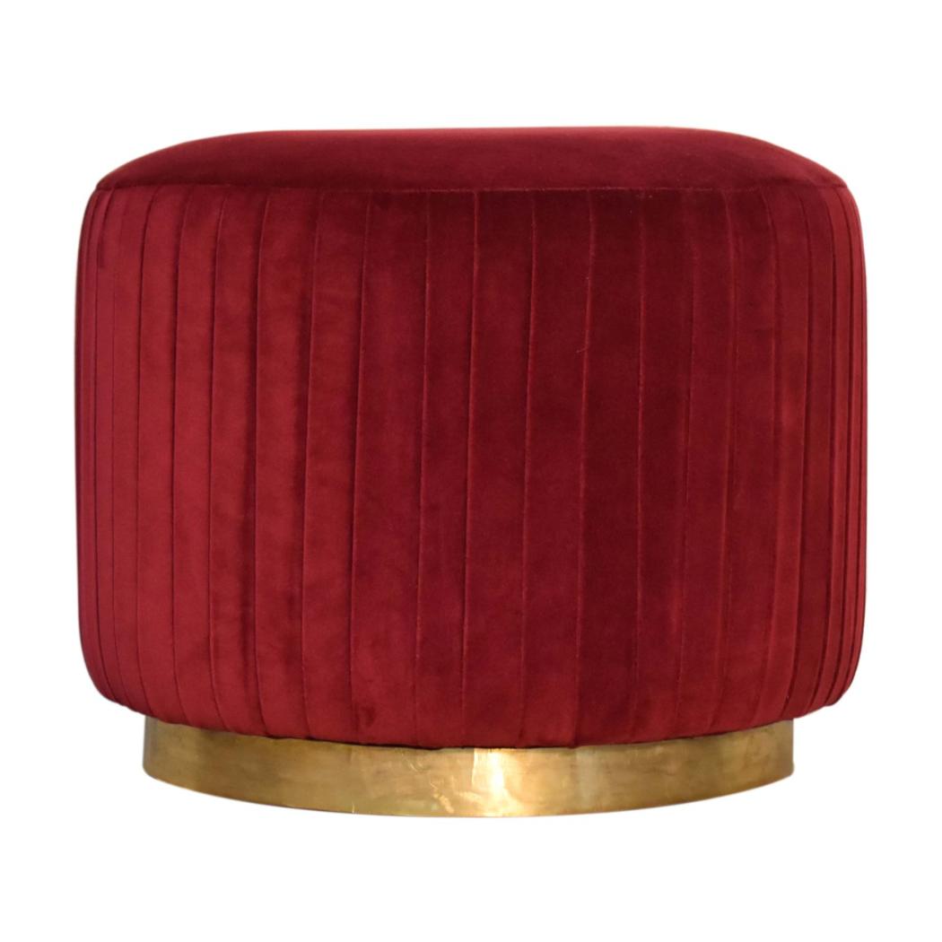 Bordeaux Pleated Velvet Footstool | Wine Red Cotton Velvet | Gold Brass Base