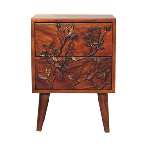 Botanic Carved Bedside Table | Solid Neem Wood | Chestnut Finish | Floral Drawer Storage