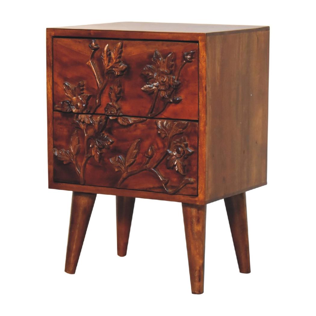 Botanic Carved Bedside Table | Solid Neem Wood | Chestnut Finish | Floral Drawer Storage