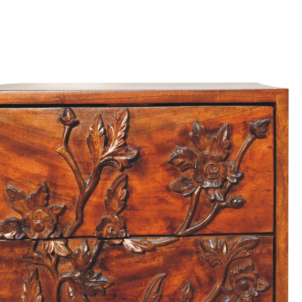 Botanic Carved Bedside Table | Solid Neem Wood | Chestnut Finish | Floral Drawer Storage