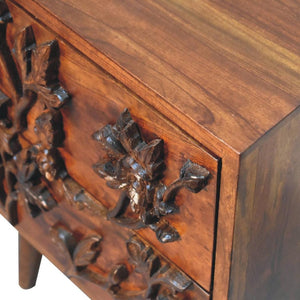 Botanic Carved Bedside Table | Solid Neem Wood | Chestnut Finish | Floral Drawer Storage