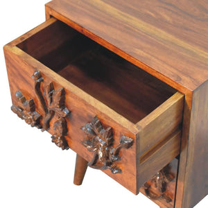 Botanic Carved Bedside Table | Solid Neem Wood | Chestnut Finish | Floral Drawer Storage