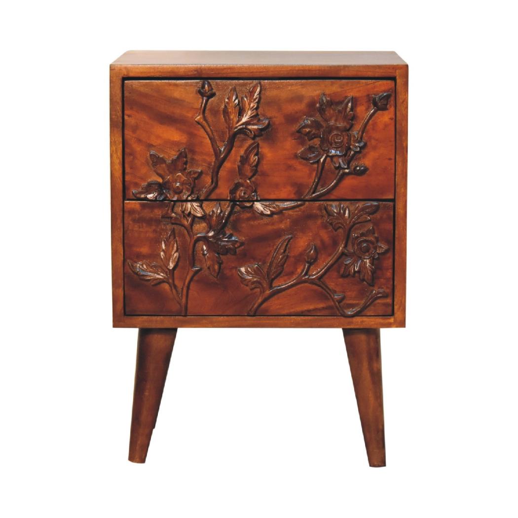 Botanic Carved Bedside Table | Solid Neem Wood | Chestnut Finish | Floral Drawer Storage