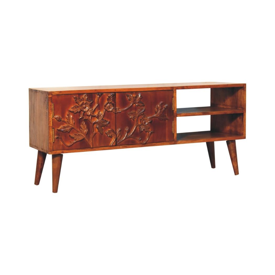 Botanic Carved Media Unit | Solid Neem Wood | Chestnut Finish | 2 Shelves & 2 Doors