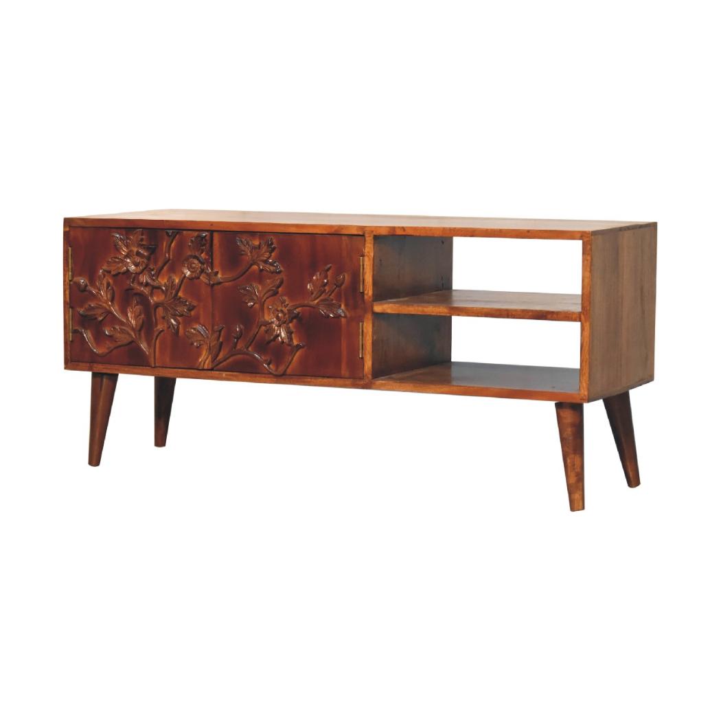 Botanic Carved Media Unit | Solid Neem Wood | Chestnut Finish | 2 Shelves & 2 Doors