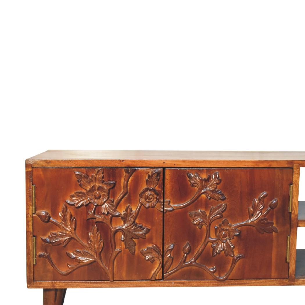 Botanic Carved Media Unit | Solid Neem Wood | Chestnut Finish | 2 Shelves & 2 Doors