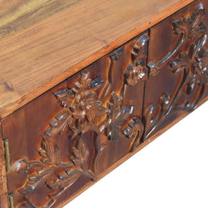 Botanic Carved Media Unit | Solid Neem Wood | Chestnut Finish | 2 Shelves & 2 Doors