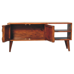 Botanic Carved Media Unit | Solid Neem Wood | Chestnut Finish | 2 Shelves & 2 Doors