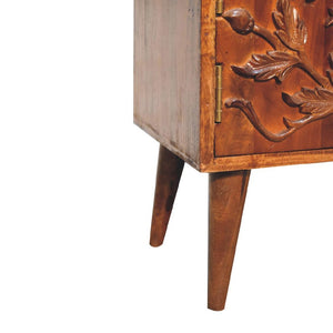 Botanic Carved Media Unit | Solid Neem Wood | Chestnut Finish | 2 Shelves & 2 Doors