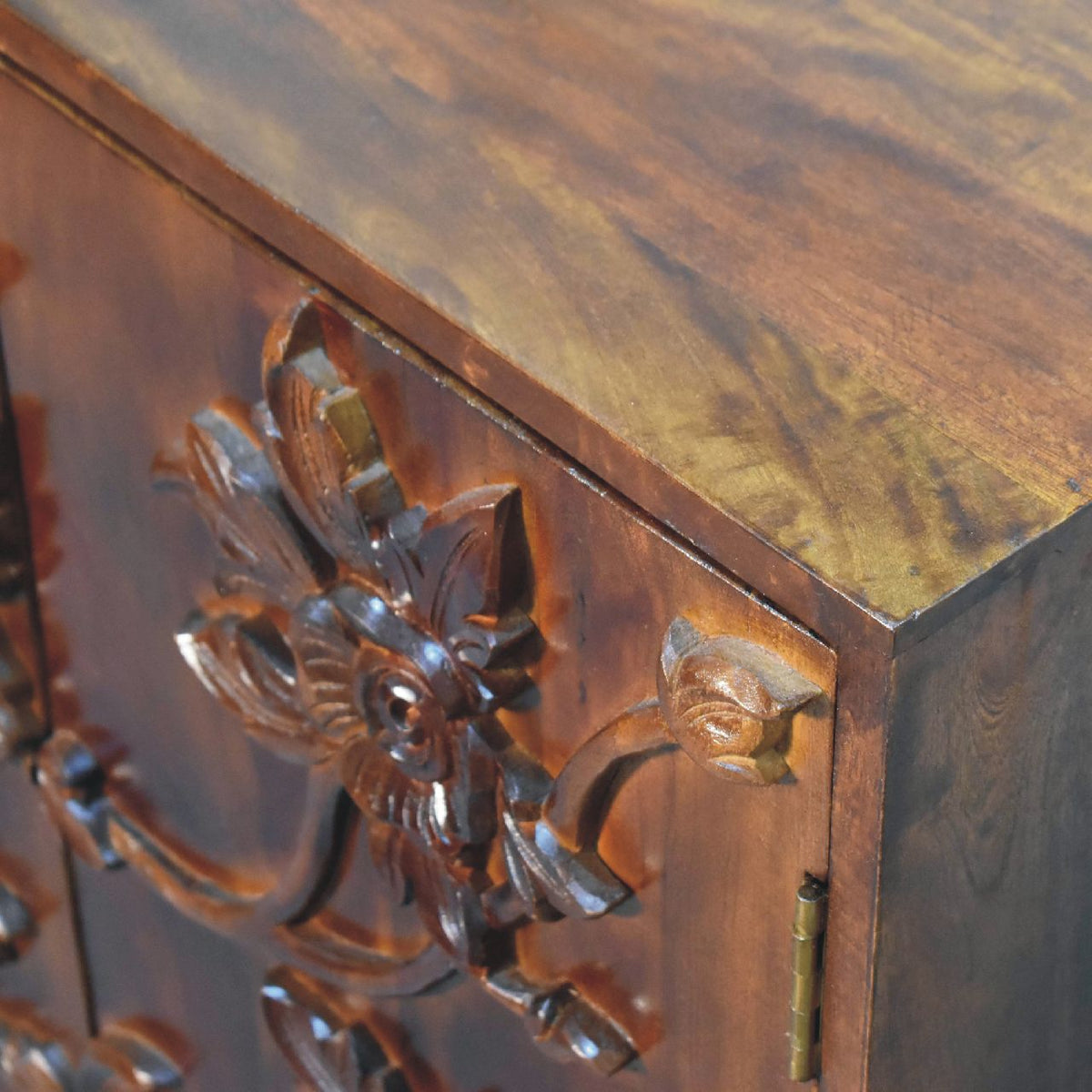 Botanic Floral Storage Cabinet | Solid Neem Wood | Chestnut Finish | Carved Door Storage