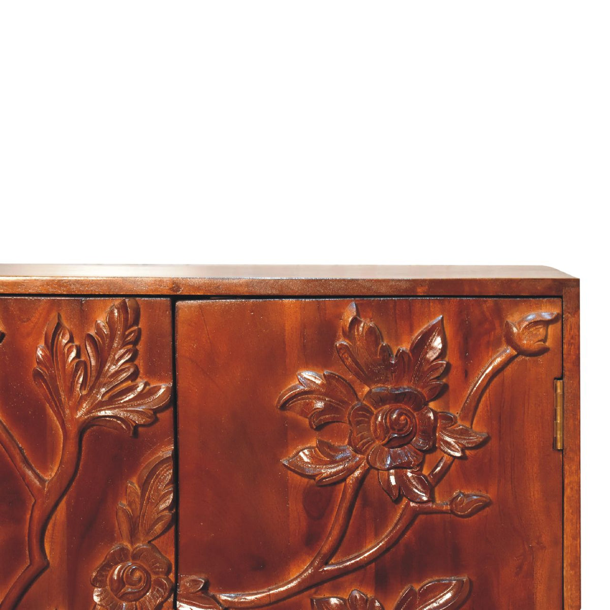Botanic Floral Storage Cabinet | Solid Neem Wood | Chestnut Finish | Carved Door Storage