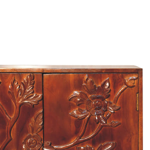 Botanic Floral Storage Cabinet | Solid Neem Wood | Chestnut Finish | Carved Door Storage