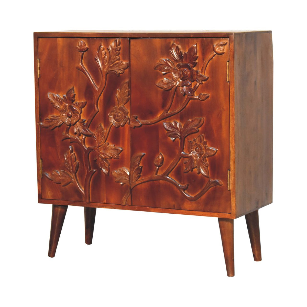 Botanic Floral Storage Cabinet | Solid Neem Wood | Chestnut Finish | Carved Door Storage