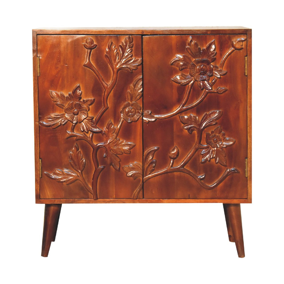 Botanic Floral Storage Cabinet | Solid Neem Wood | Chestnut Finish | Carved Door Storage
