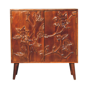 Botanic Floral Storage Cabinet | Solid Neem Wood | Chestnut Finish | Carved Door Storage