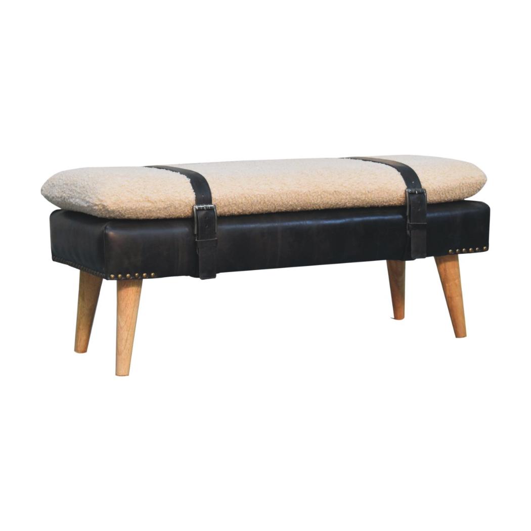 Bouclé & Black Buffalo Hide Leather Bench | Upholstered Accent Seating
