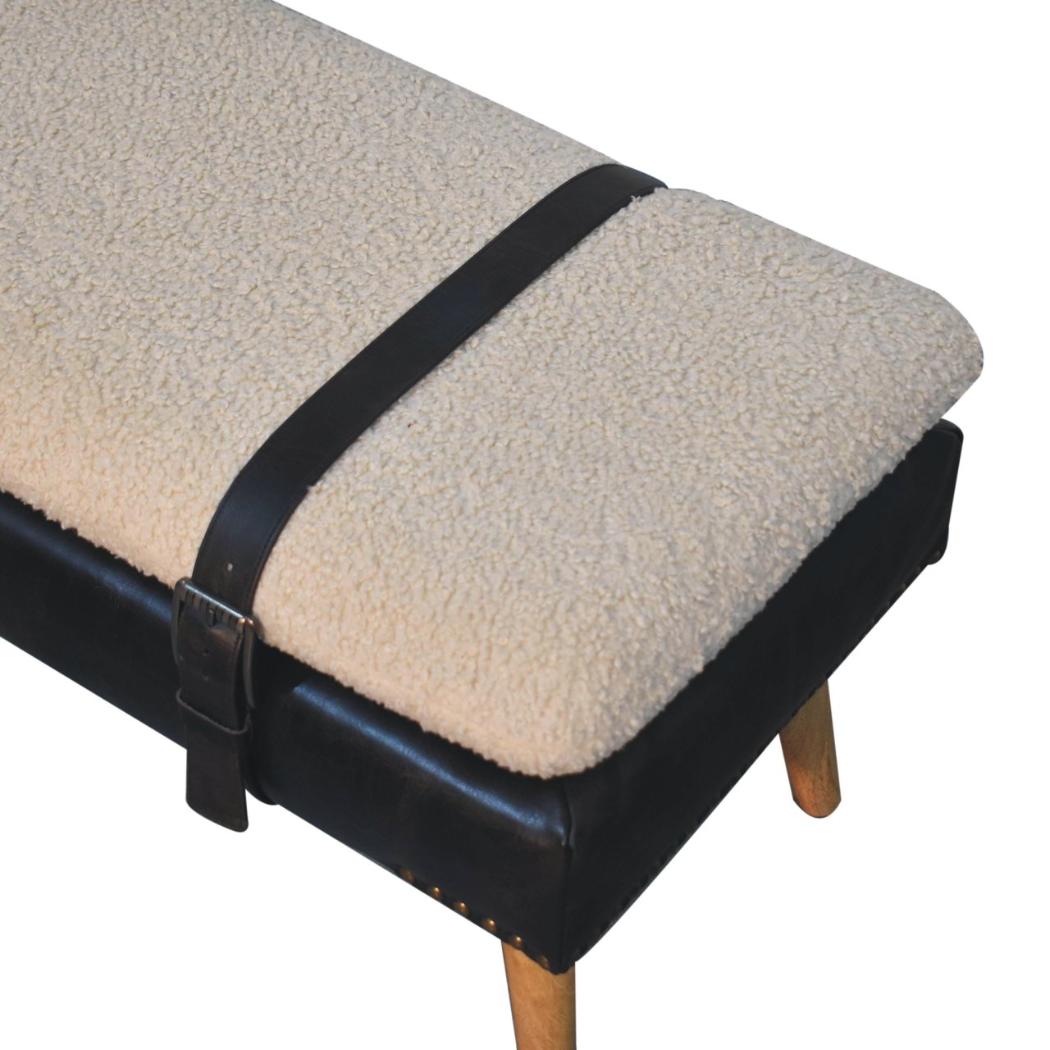 Bouclé & Black Buffalo Hide Leather Bench | Upholstered Accent Seating