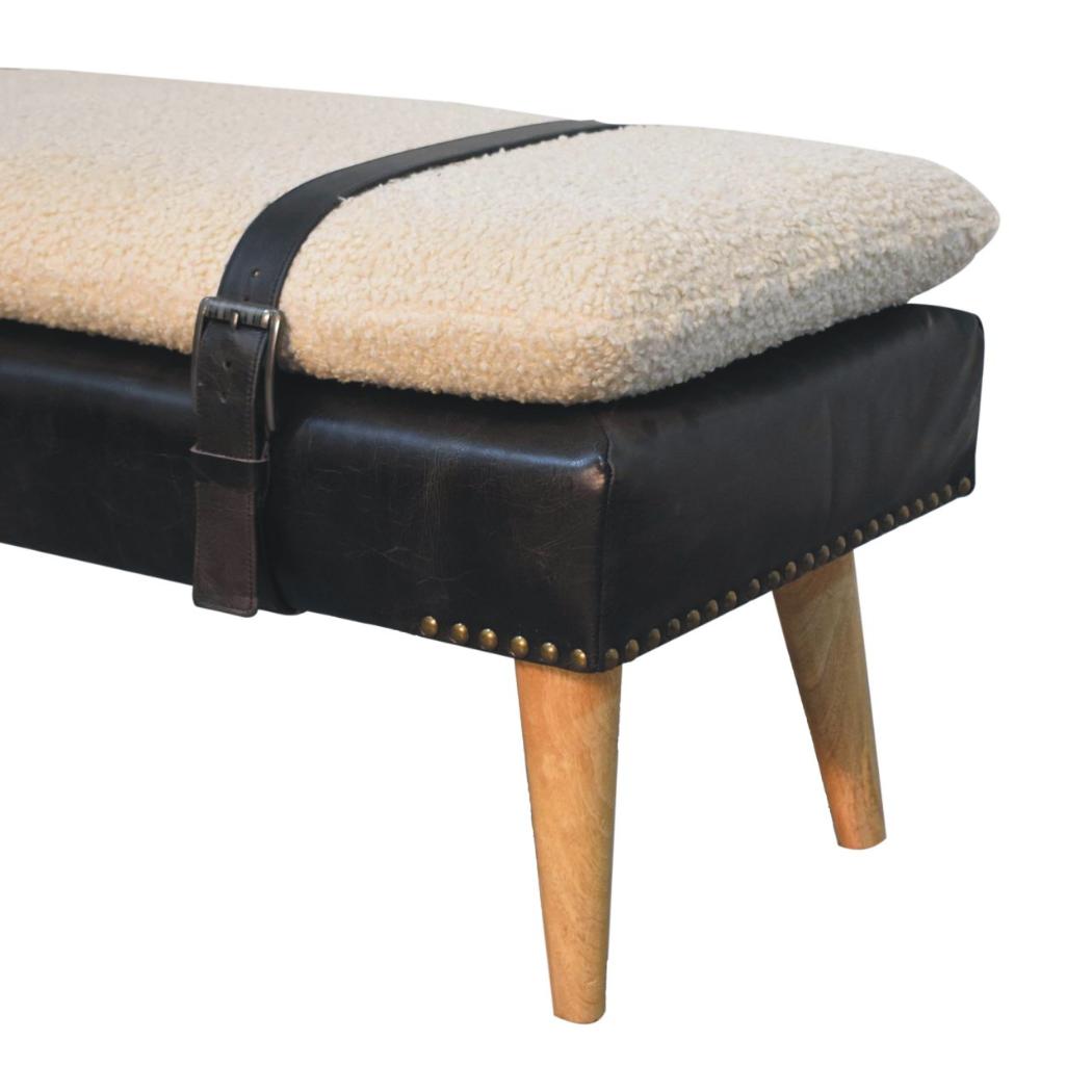 Bouclé & Black Buffalo Hide Leather Bench | Upholstered Accent Seating