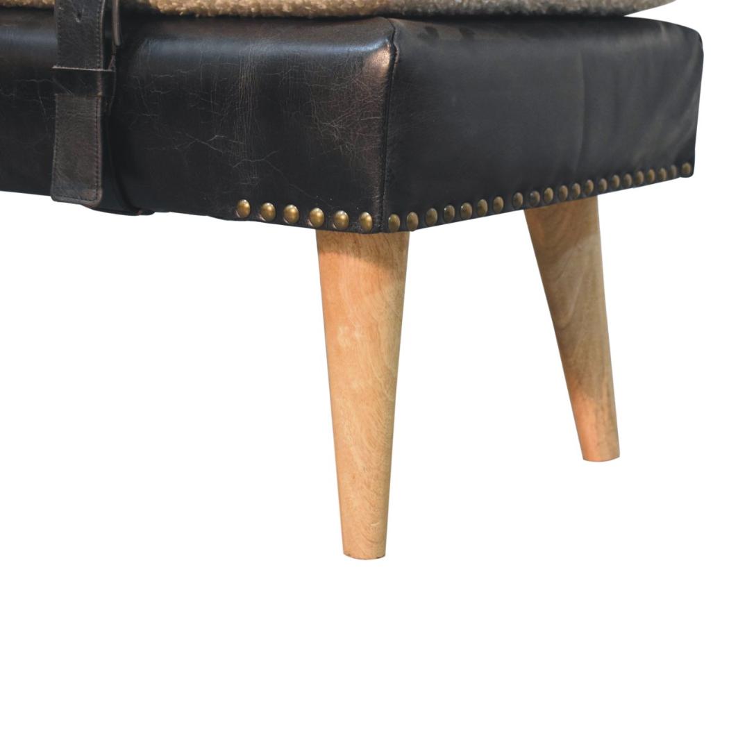 Bouclé & Black Buffalo Hide Leather Bench | Upholstered Accent Seating