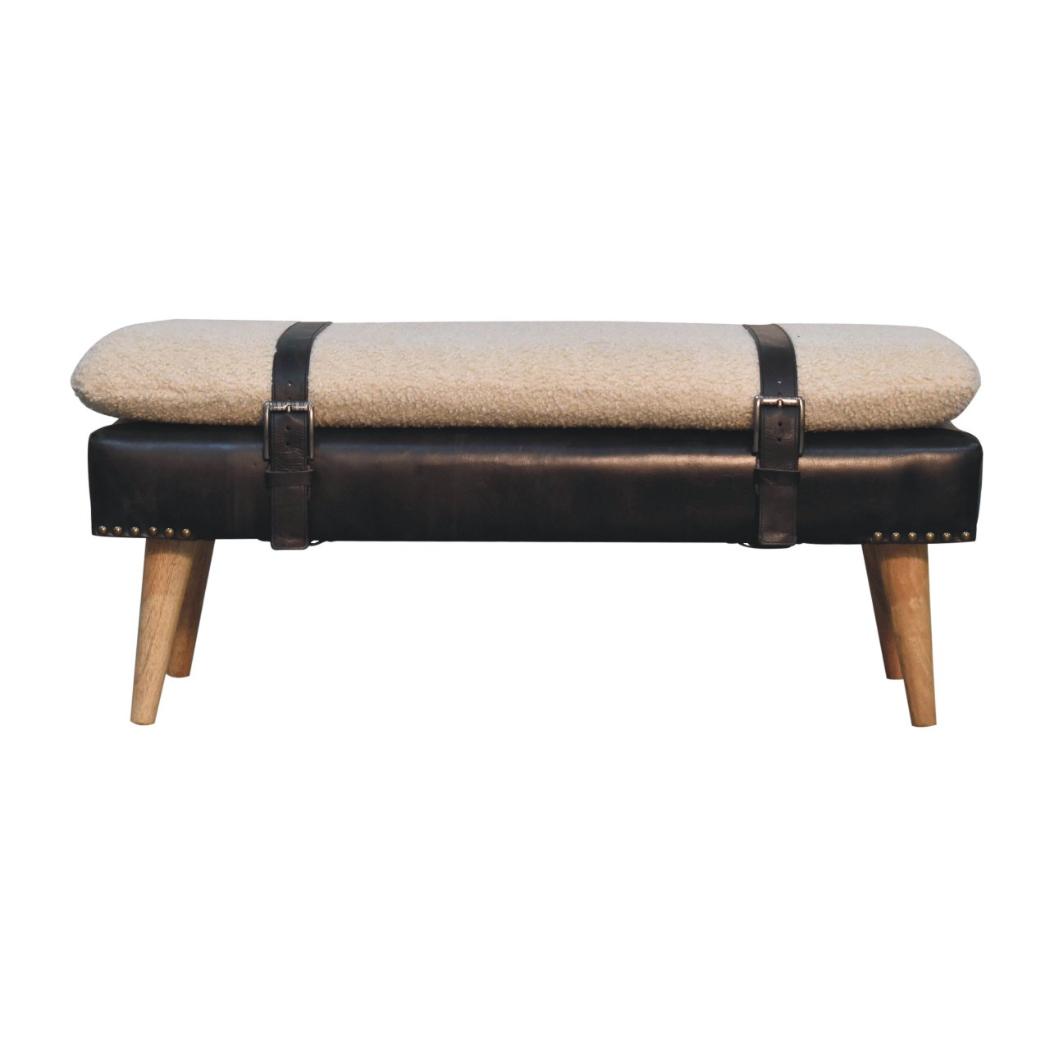 Bouclé & Black Buffalo Hide Leather Bench | Upholstered Accent Seating