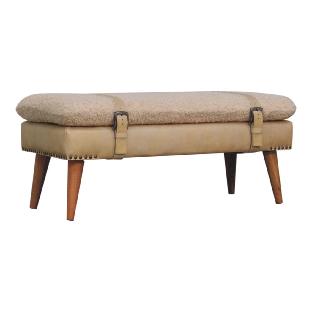 Bouclé & Buffalo Leather Bench | Beige Hide | Mixed Upholstery