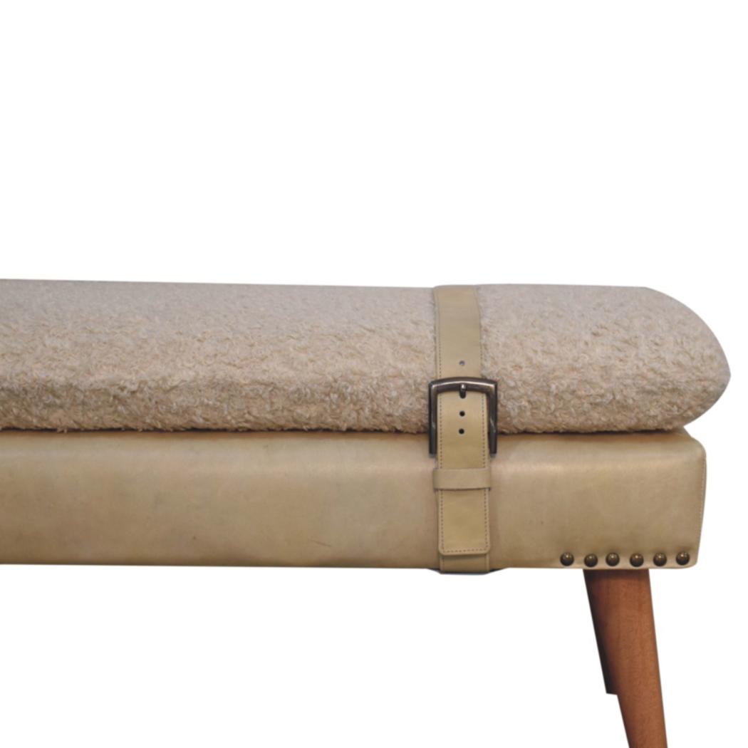 Bouclé & Buffalo Leather Bench | Beige Hide | Mixed Upholstery