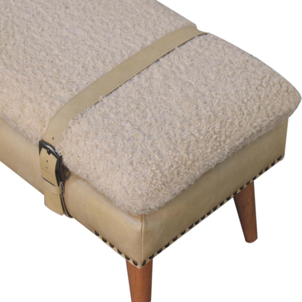 Bouclé & Buffalo Leather Bench | Beige Hide | Mixed Upholstery