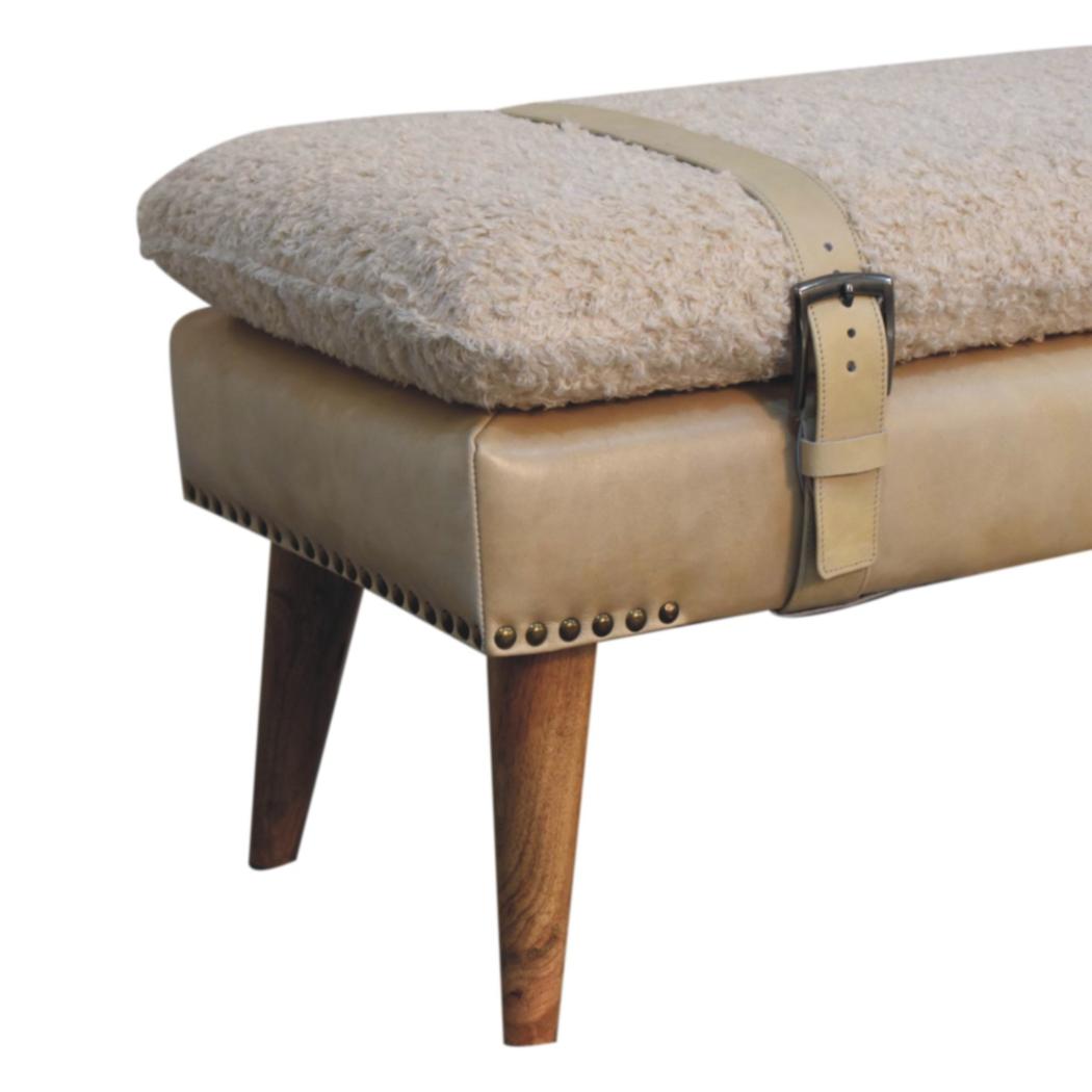 Bouclé & Buffalo Leather Bench | Beige Hide | Mixed Upholstery