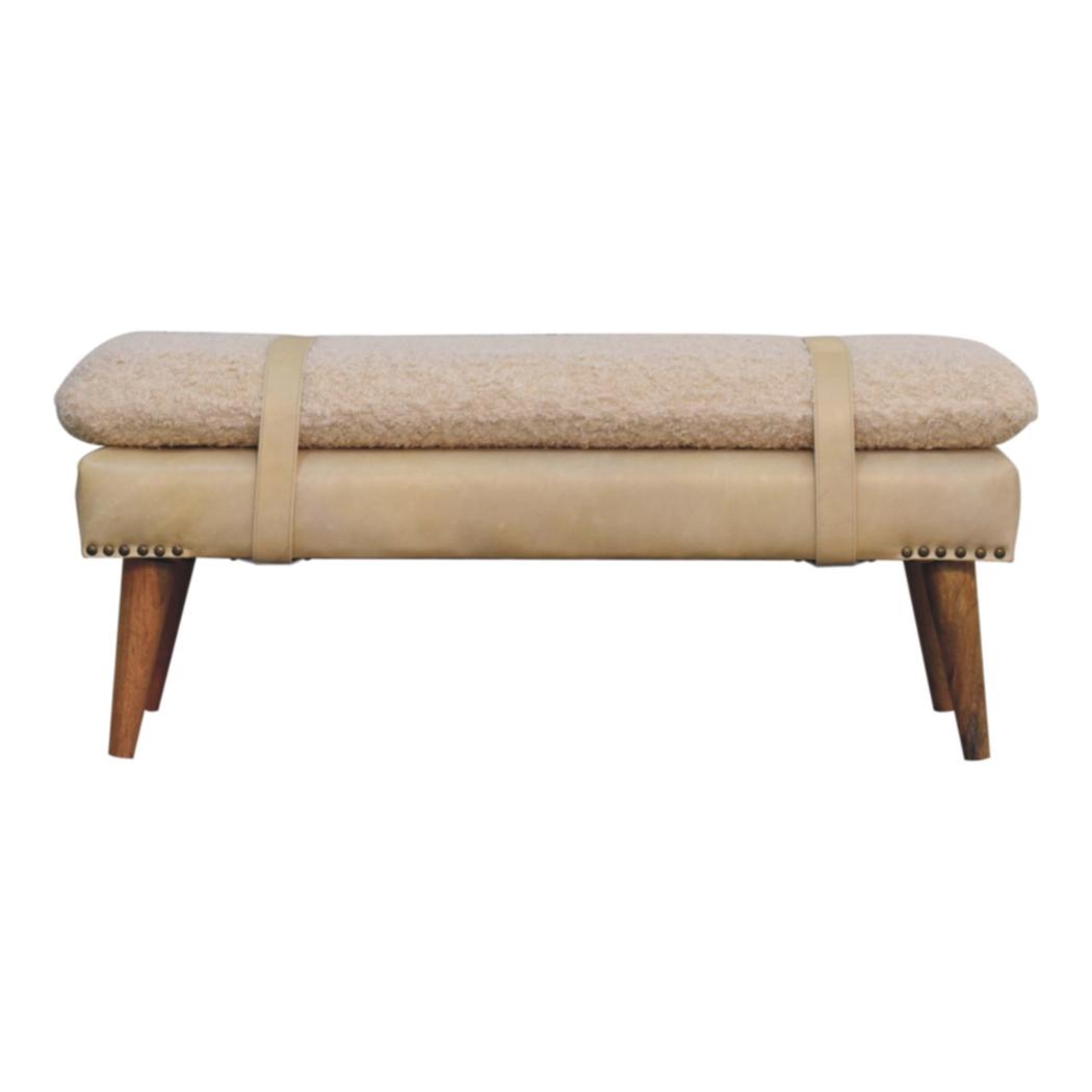 Bouclé & Buffalo Leather Bench | Beige Hide | Mixed Upholstery