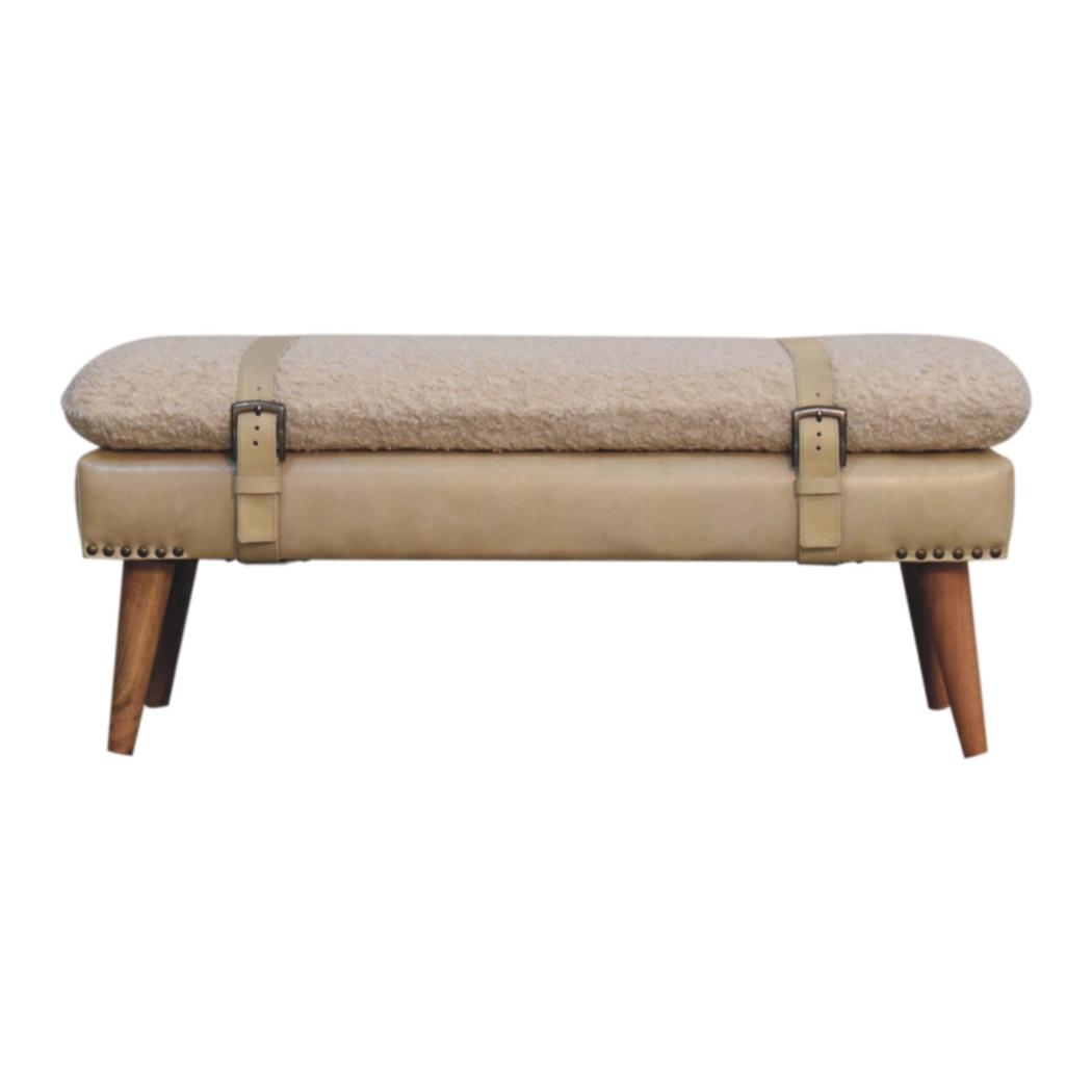 Bouclé & Buffalo Leather Bench | Beige Hide | Mixed Upholstery