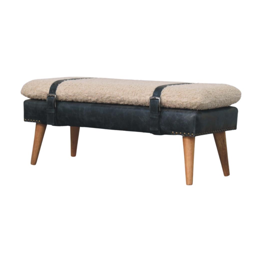 Bouclé & Buffalo Leather Bench | Black Hide | Mixed Upholstery