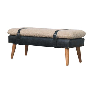 Bouclé & Buffalo Leather Bench | Black Hide | Mixed Upholstery