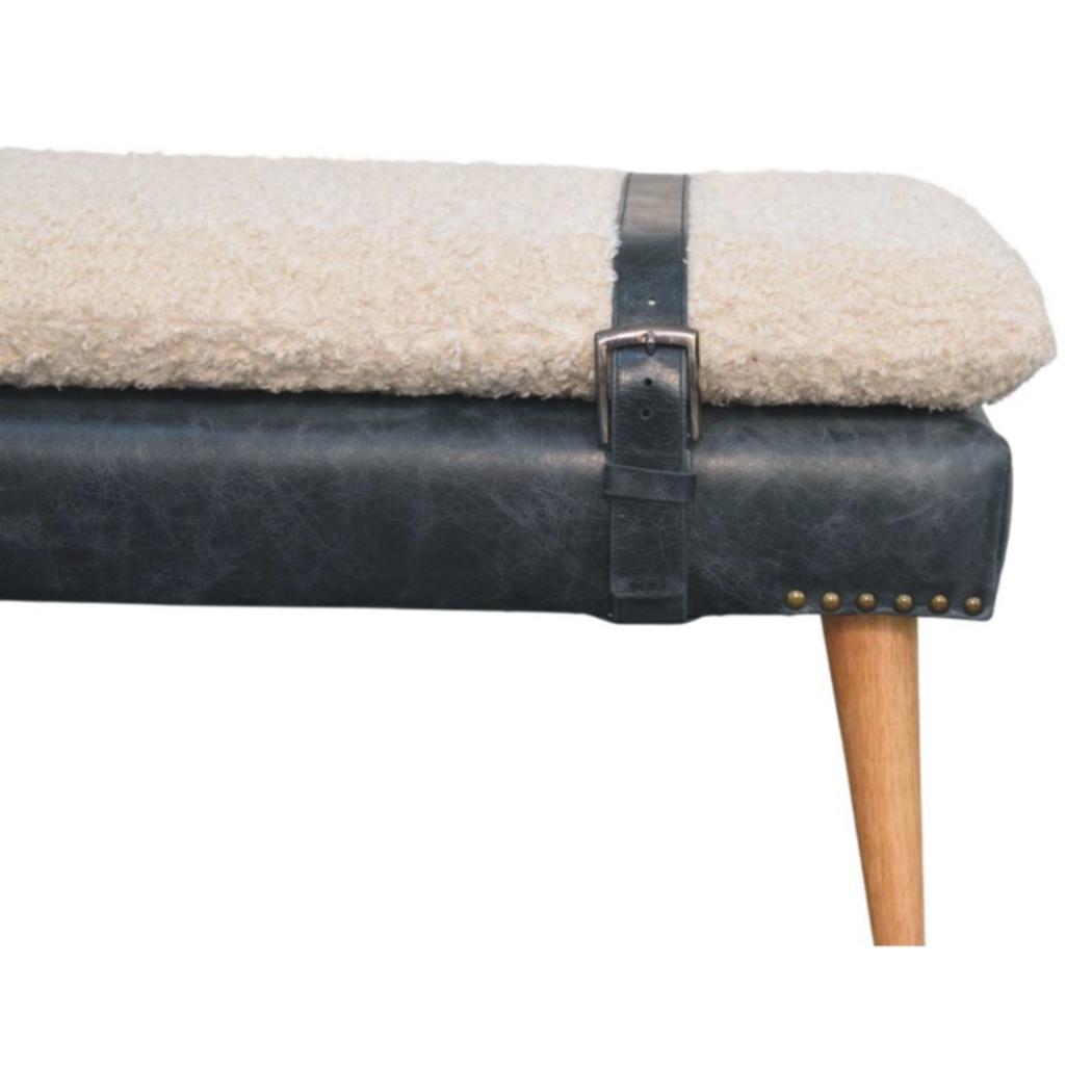 Bouclé & Buffalo Leather Bench | Black Hide | Mixed Upholstery