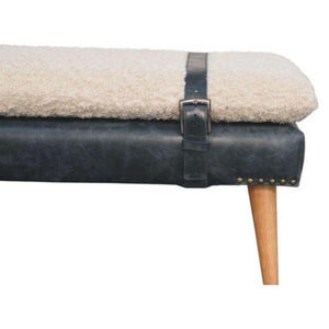 Bouclé & Buffalo Leather Bench | Black Hide | Mixed Upholstery