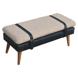 Bouclé & Buffalo Leather Bench | Black Hide | Mixed Upholstery