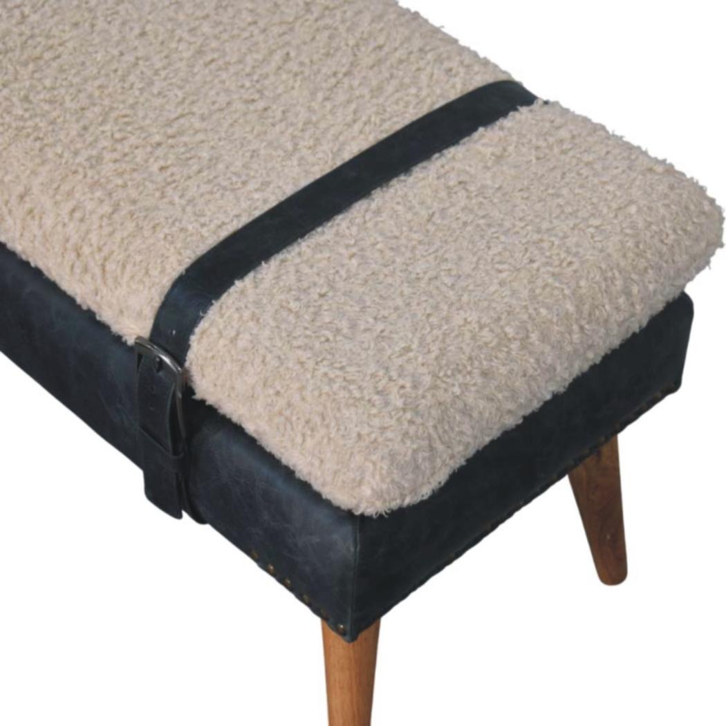 Bouclé & Buffalo Leather Bench | Black Hide | Mixed Upholstery