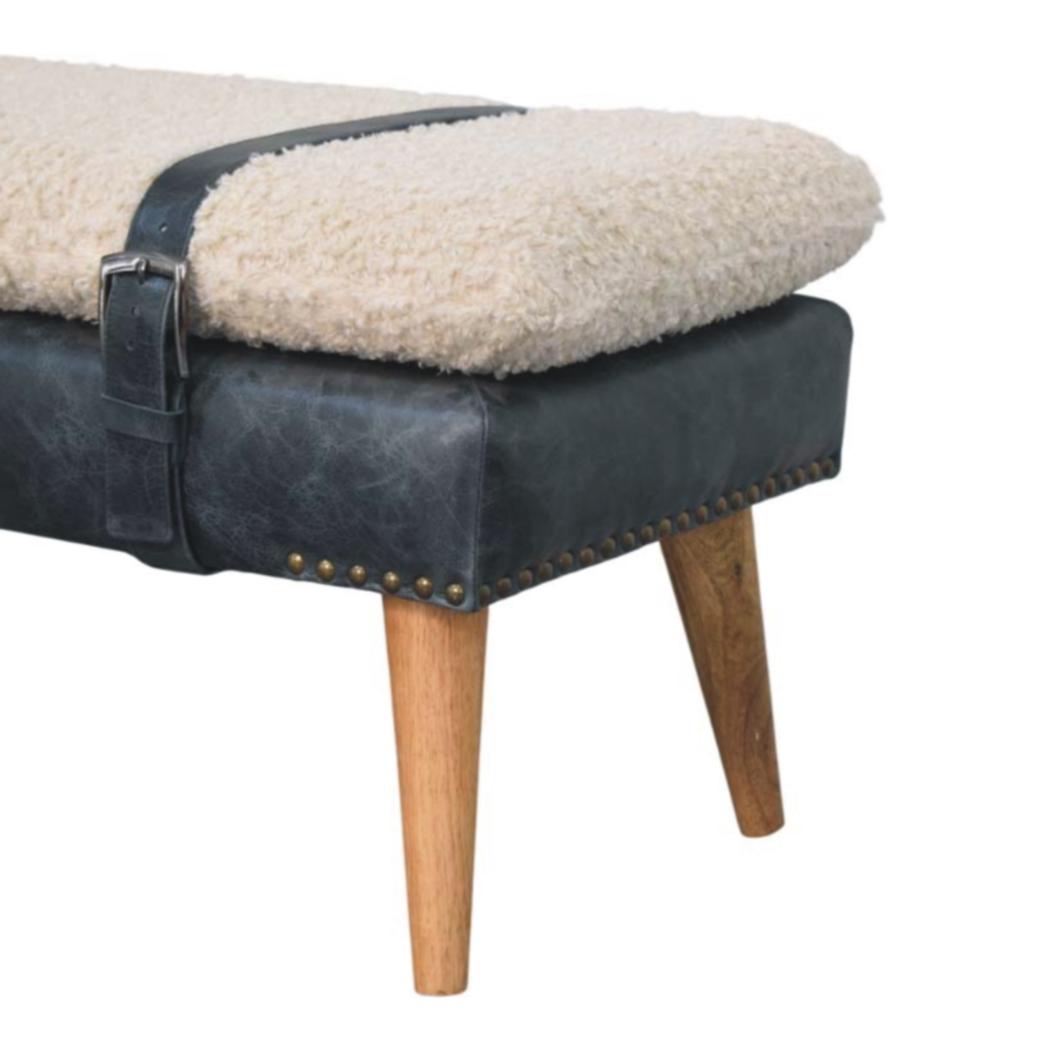 Bouclé & Buffalo Leather Bench | Black Hide | Mixed Upholstery
