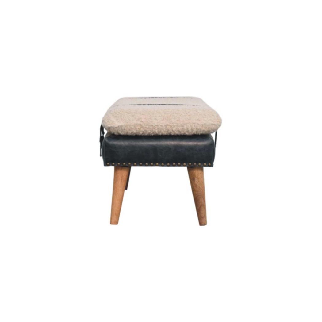 Bouclé & Buffalo Leather Bench | Black Hide | Mixed Upholstery