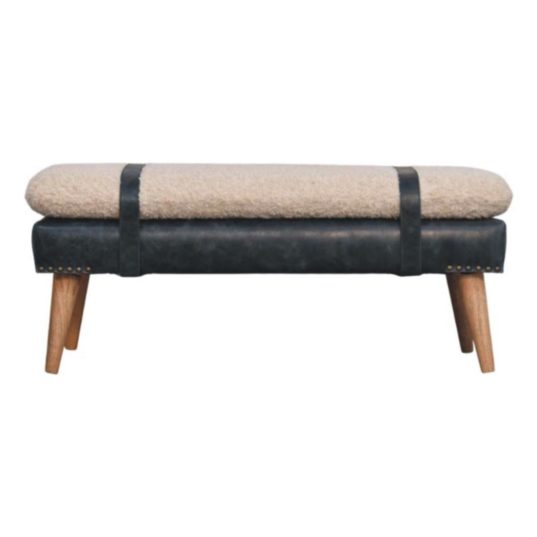Bouclé & Buffalo Leather Bench | Black Hide | Mixed Upholstery