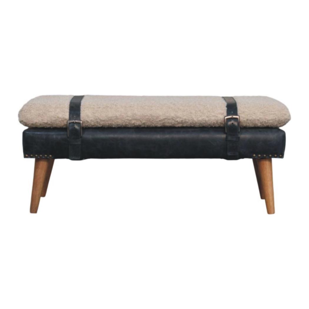 Bouclé & Buffalo Leather Bench | Black Hide | Mixed Upholstery