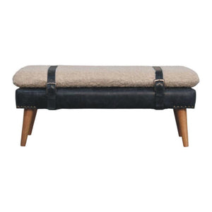 Bouclé & Buffalo Leather Bench | Black Hide | Mixed Upholstery