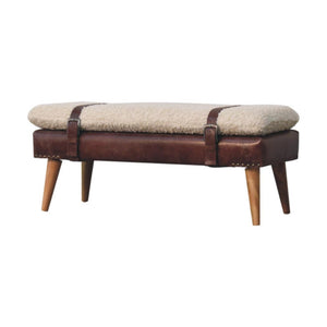 Bouclé & Buffalo Leather Bench | Brown Hide | Mixed Upholstery