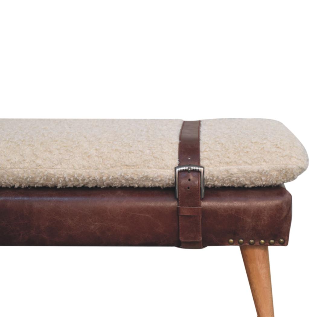 Bouclé & Buffalo Leather Bench | Brown Hide | Mixed Upholstery