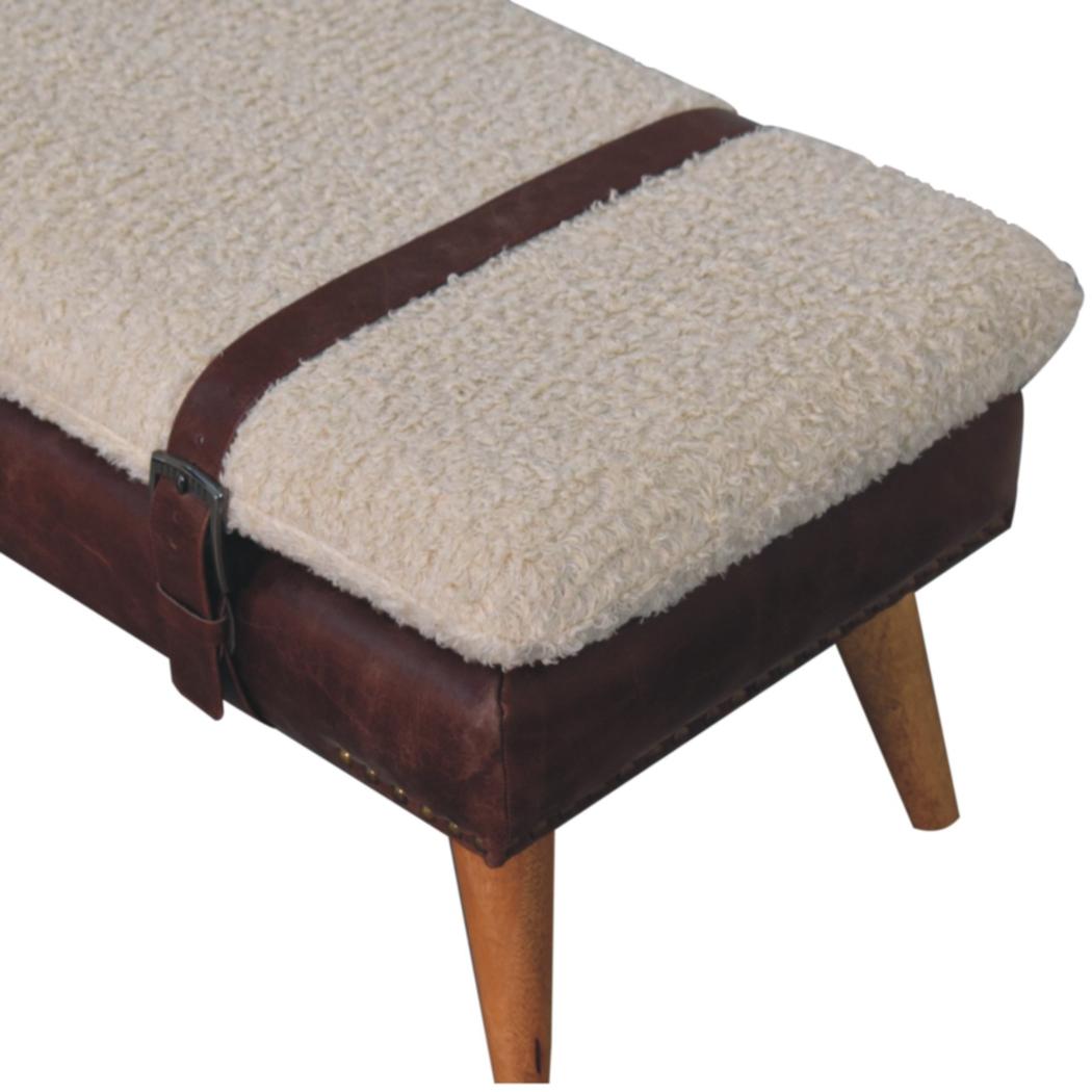 Bouclé & Buffalo Leather Bench | Brown Hide | Mixed Upholstery