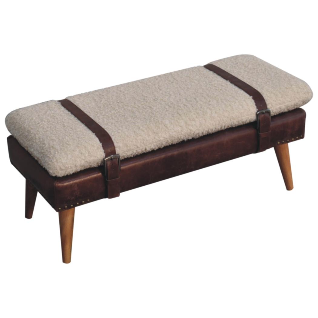 Bouclé & Buffalo Leather Bench | Brown Hide | Mixed Upholstery