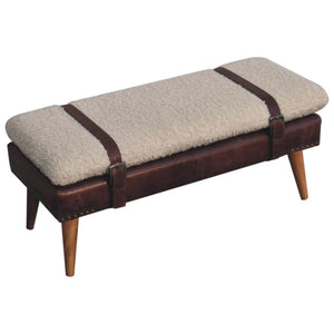 Bouclé & Buffalo Leather Bench | Brown Hide | Mixed Upholstery