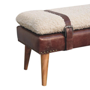 Bouclé & Buffalo Leather Bench | Brown Hide | Mixed Upholstery