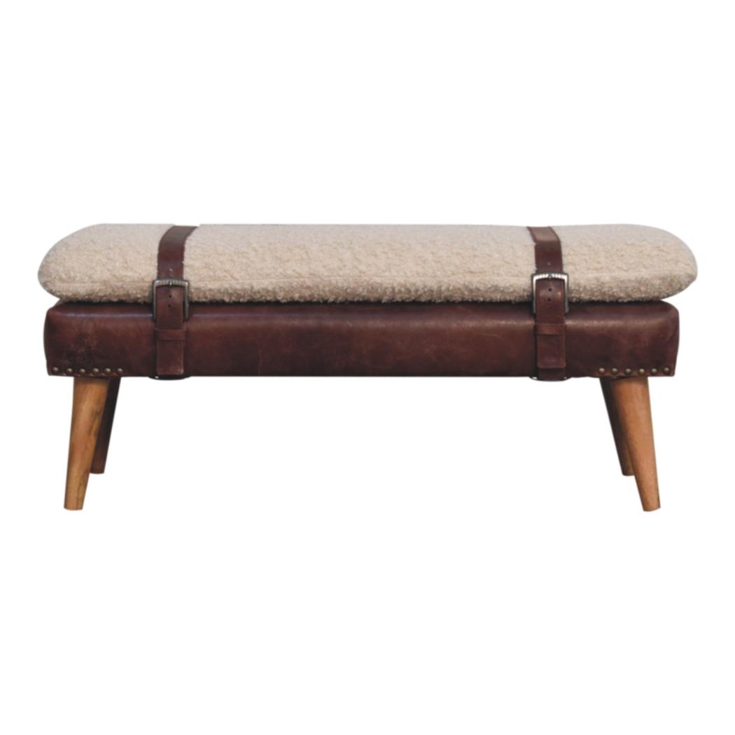 Bouclé & Buffalo Leather Bench | Brown Hide | Mixed Upholstery